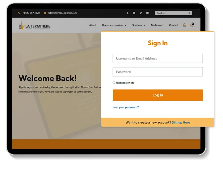 client login and sign up functionality